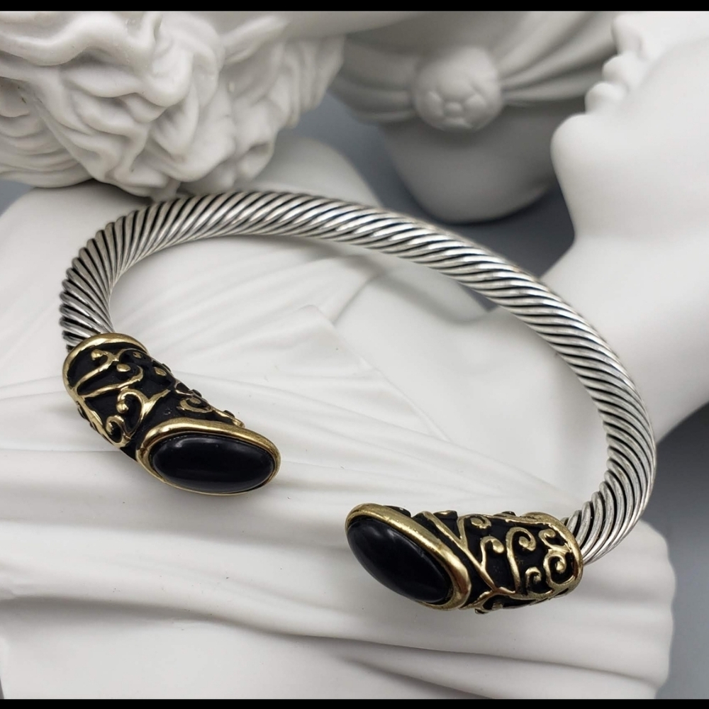 Silver Gold w/ Black Cabachon Cable Cuff Bracelet - Abstract Industrial Modern